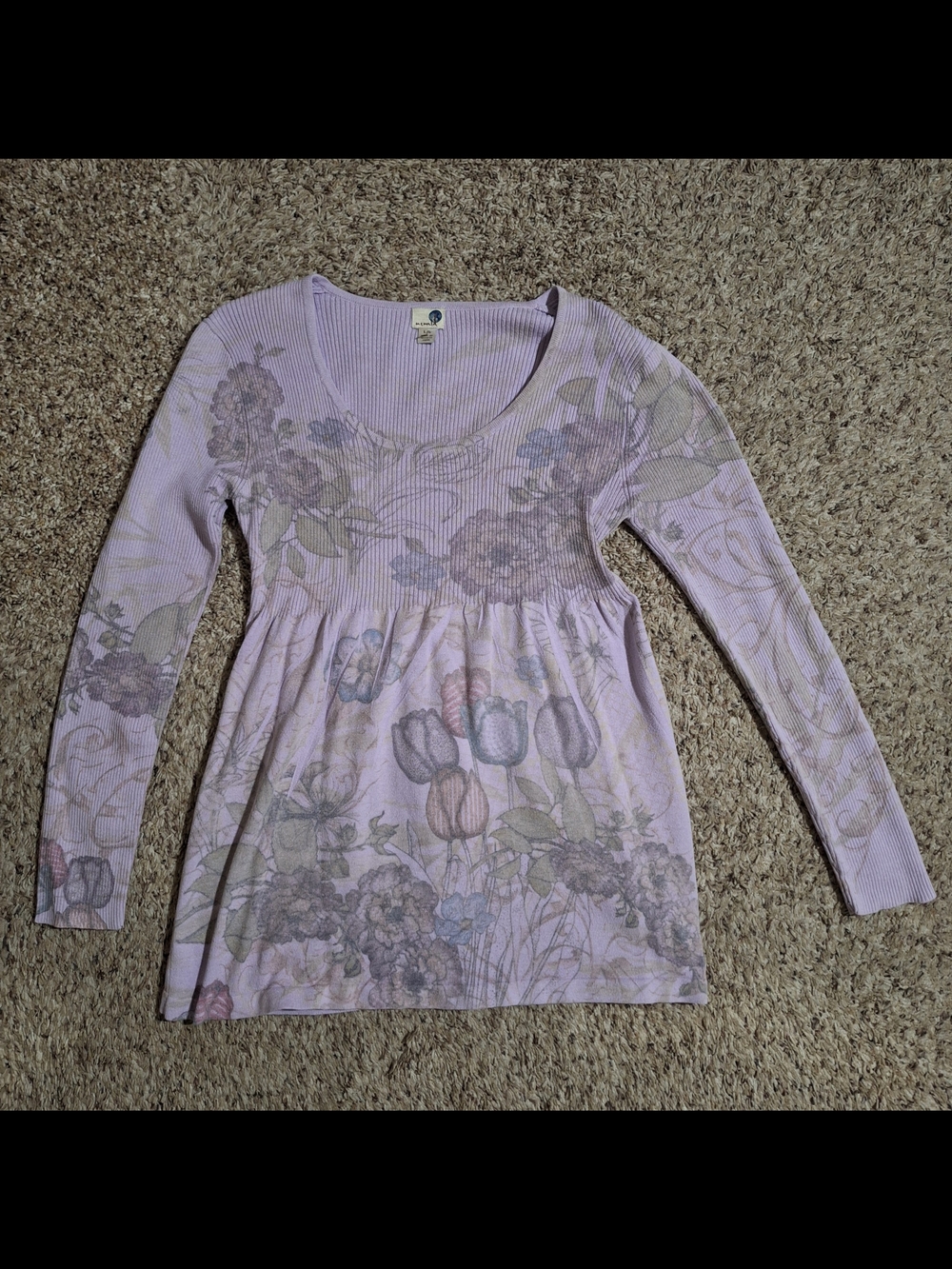 Vintage One World Lilac Purple Floral Ribbed Babydoll Tunic Top - Size L